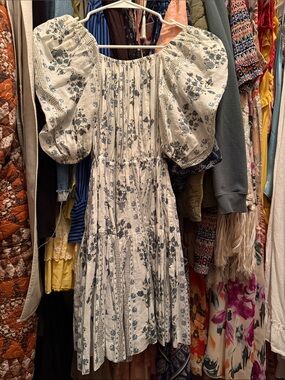 Floral Puff-Sleeve Tiered Midi Dress - Cream with Blue Print
